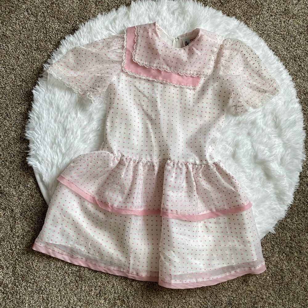 Piccolino Vintage Dress Polka Dot Pink White Zip Back Lightweight‎ Girls Size 7